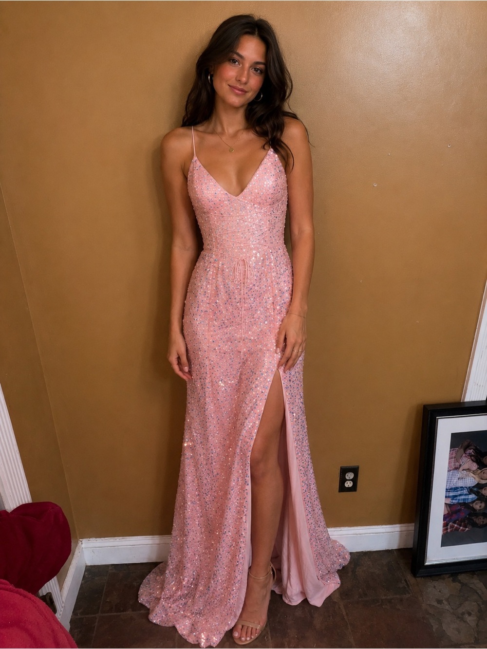 NWT Pink Sequin Spaghetti-Strap Prom Dress OPEN BACK